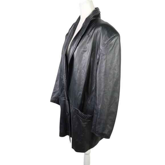 Vintage 80s Pelle Black Leather Mid-Length Blazer Jacket Oversized M - Picture 3 of 6